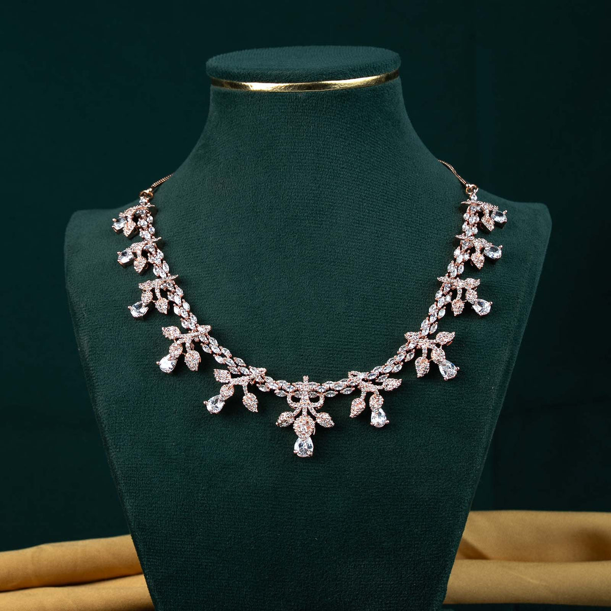 Riva Rose Gold AD Floral Spray Necklace Set