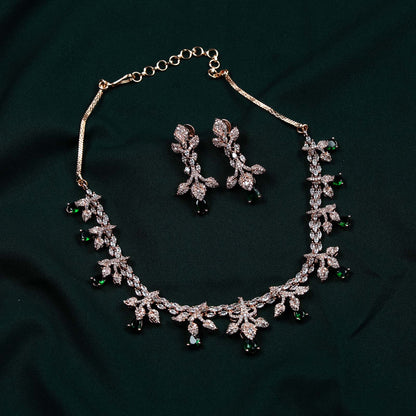 Riva Rose Gold Emerald AD Floral Spray Necklace Set