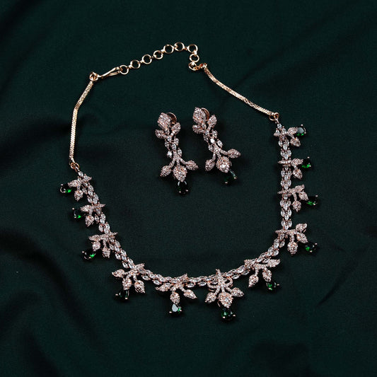 Riva Rose Gold Emerald AD Floral Spray Necklace Set