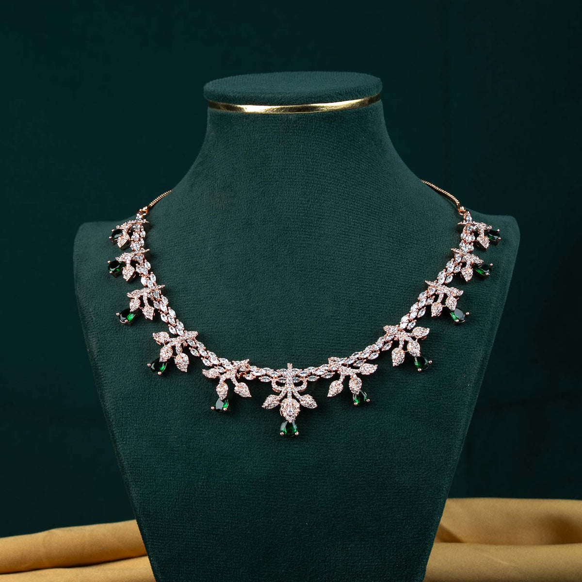 Riva Rose Gold Emerald AD Floral Spray Necklace Set
