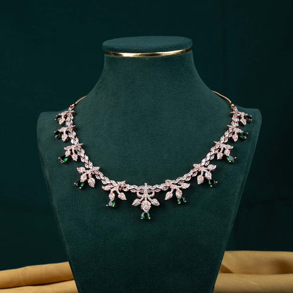 Riva Rose Gold Emerald AD Floral Spray Necklace Set