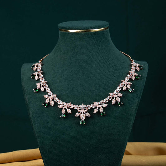 Riva Rose Gold Emerald AD Floral Spray Necklace Set