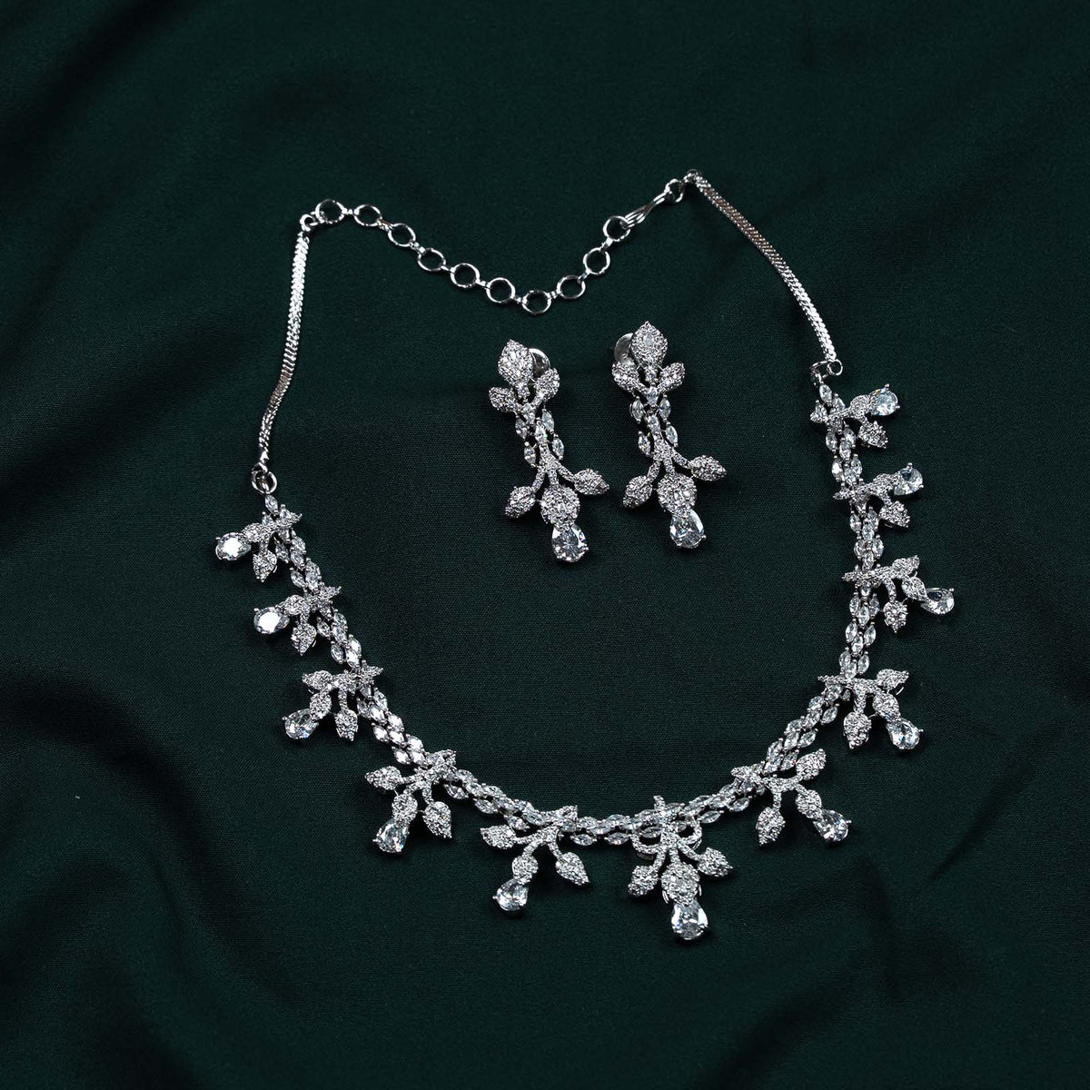 Riva Silver AD Floral Spray Necklace Set