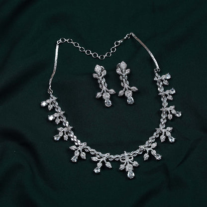Riva Silver AD Floral Spray Necklace Set