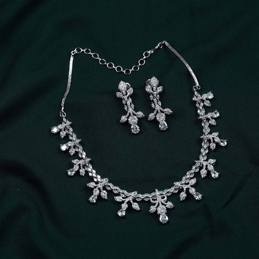 Riva Silver AD Floral Spray Necklace Set