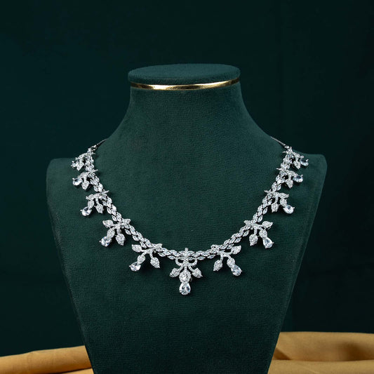 Riva Silver AD Floral Spray Necklace Set