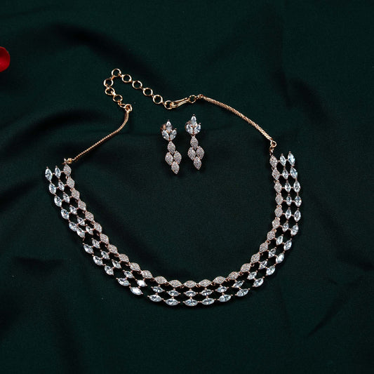 Meera Rose Gold AD Marquise Necklace Set